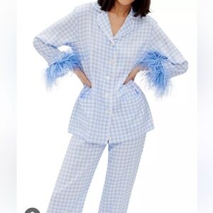Sleeper Party Gingham-Print Feather-Trim Pajama Top Women's XS Blue White Retro